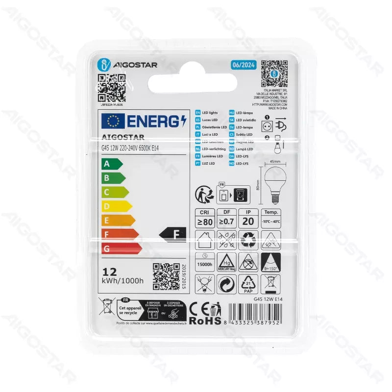 LAMPADINA LED G45 12W 6500K 1170LM E14