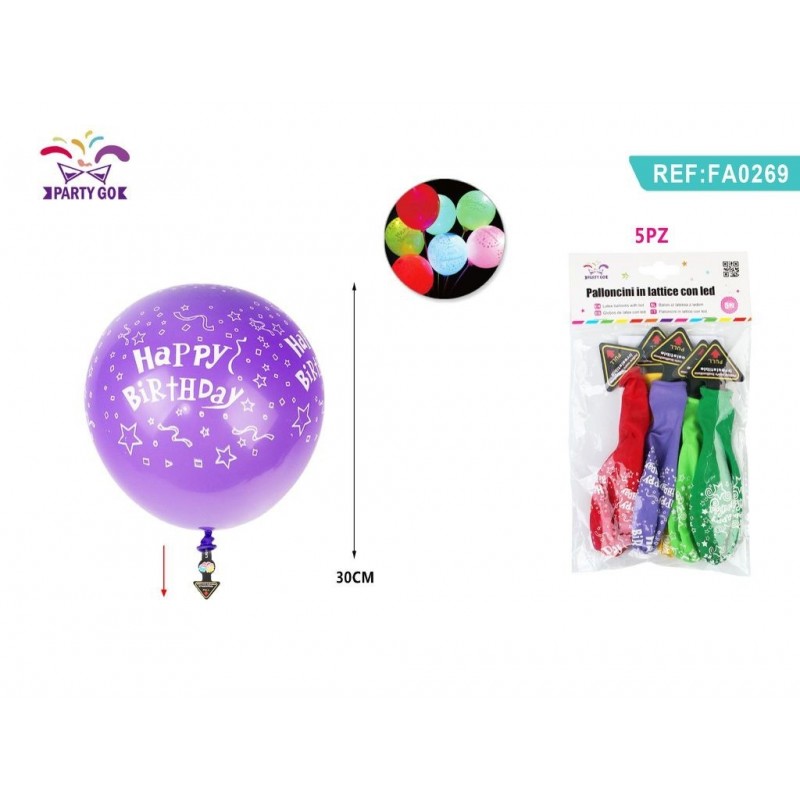 2.8G PALLONCINI CON LUCE HAPPY BIRTHDAY COLORE MISTO 30CM 5P