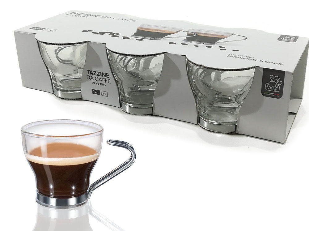 TAZZE CAFFE VETRO C/MANICO ACCIAIO 10CL 6PZ
