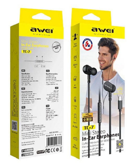 TC-7  AWEI AURICOLARE CABLATO IN EAR TYPEC PER TELEFONO STE