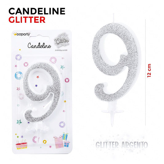 CANDELINE GLITTER ARGENTO N. 9 12CM