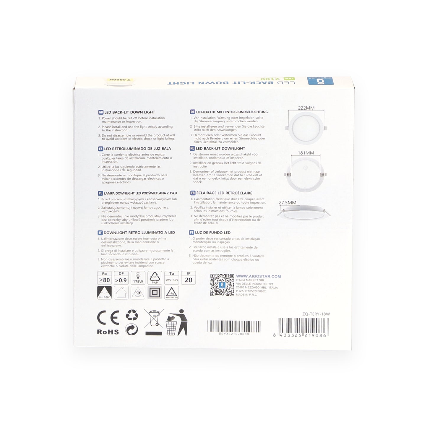 DOWNLIGHT LED E6 ROTONDO DA INCASSO 18W LUCE NATURALE(18W40