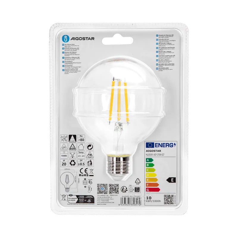 LAMPADINA A FILAMENTO LED G95 E27 10W TRASPARENTE