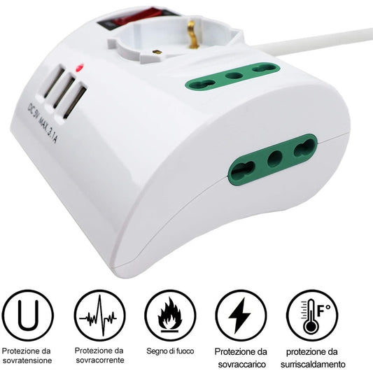 MULTIPRESA DA TAVOLO 2 PRESE 10/16A SCHUKO  3 USB MAX3.1A QT