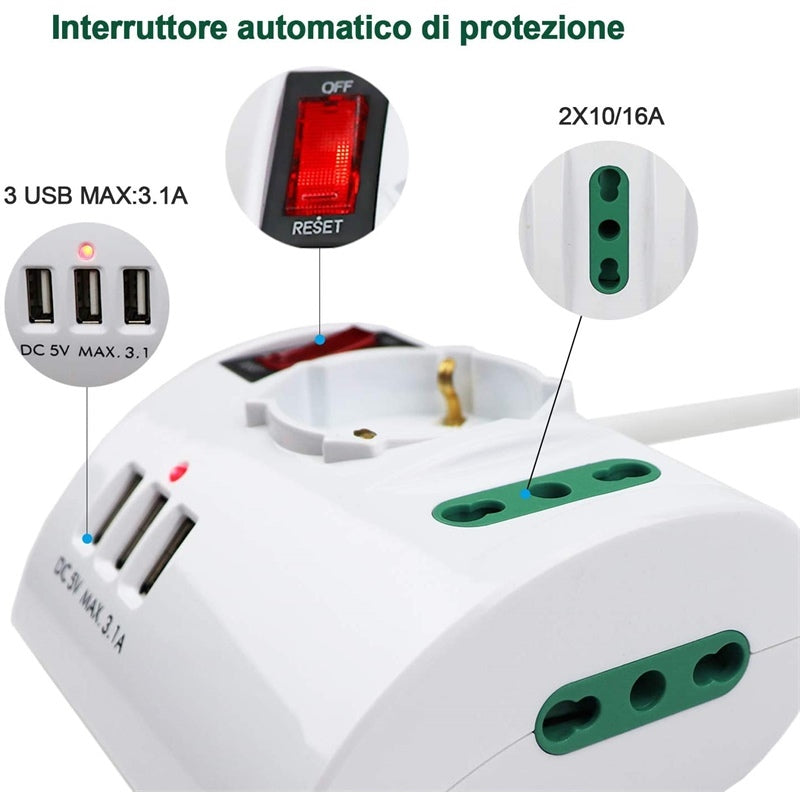 MULTIPRESA DA TAVOLO 2 PRESE 10/16A SCHUKO  3 USB MAX3.1A QT