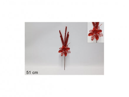 RAMO FIORE NATALIZIO E SPIGHE GLITTERATO 51CM ROSSO MQF23281