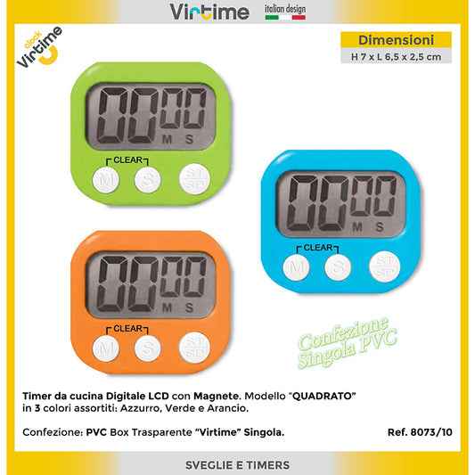 TIMER CUCINA LCD QUADRATO CON MAGNETE 3 COL. ASS.